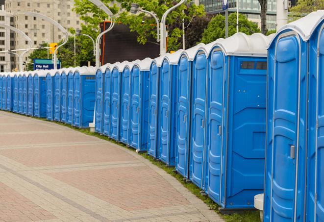 a line of spacious and well-maintained portable restrooms in Grulla, TX